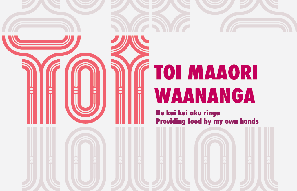 A logo for Toi Maaori Waananga. It says He kai kei aku ringga - providing food by my own hands.